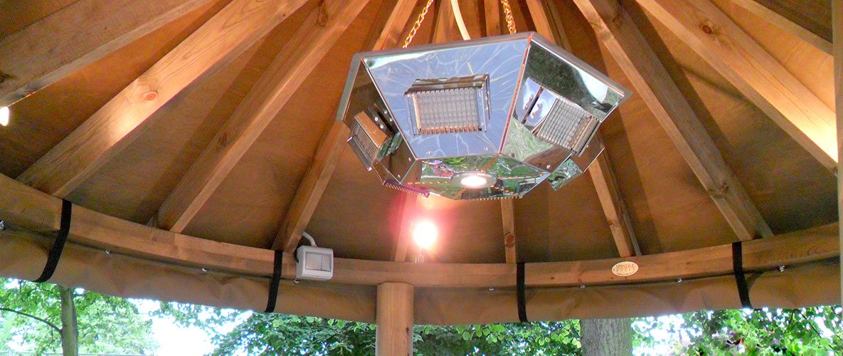 Inside thatched gazebo looking up at large pendant heater